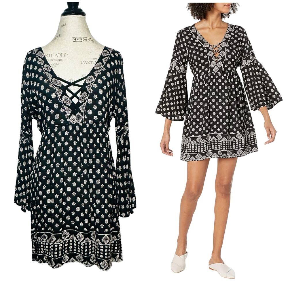 Angie | Women | Black Boho Bell Sleeve Criss Cross Neck Mini Dress | Medium